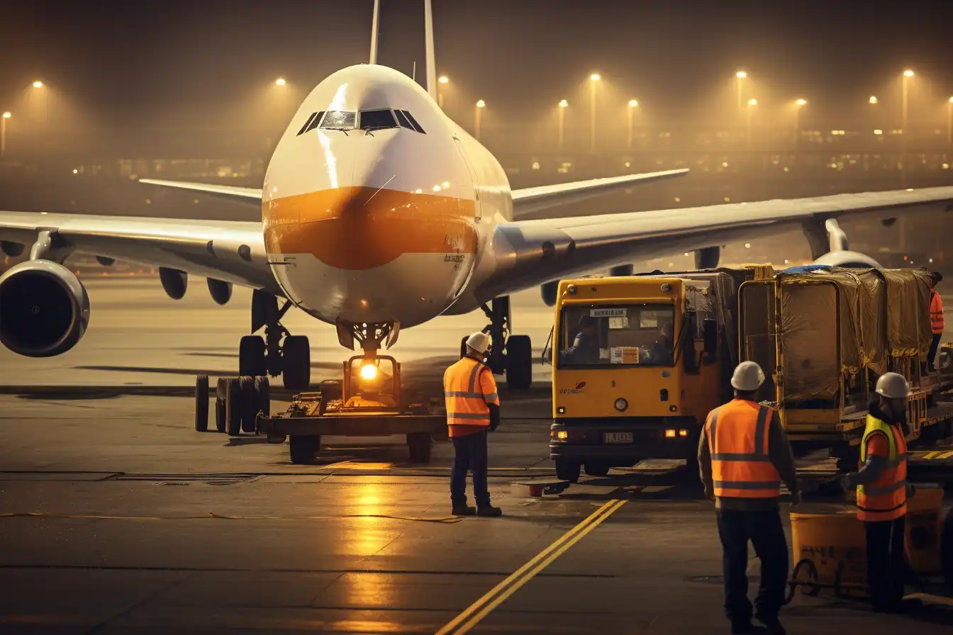 Denver Airport Night Crew and Large Turbine Plane