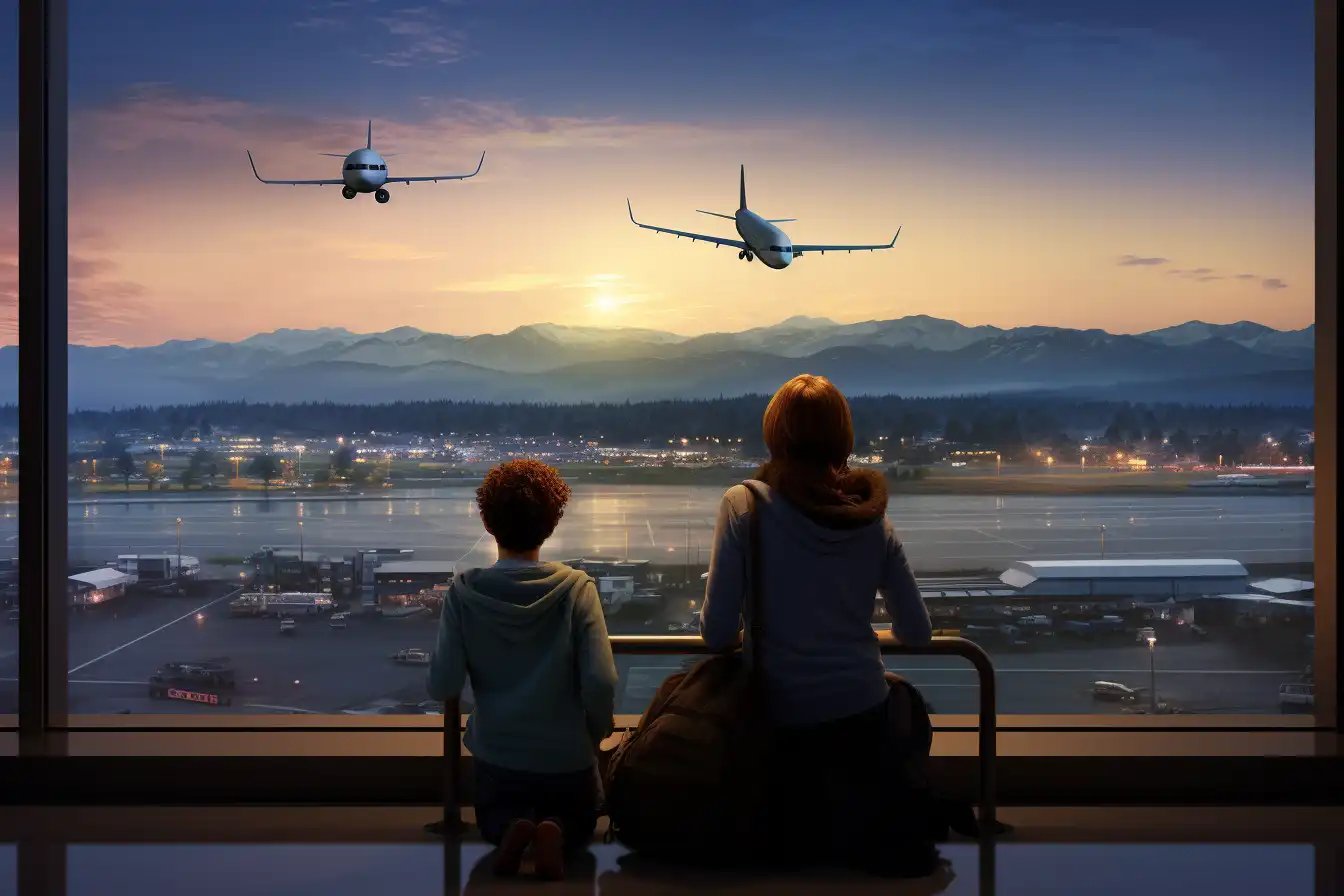 Familia en el Aeropuerto de Montaña por la Noche