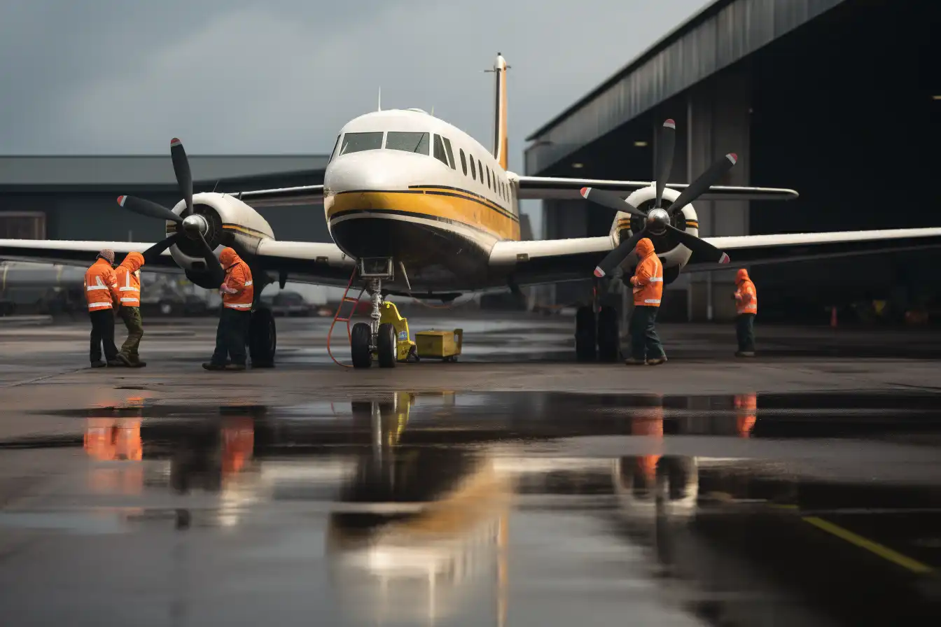 Equipo de Tierra con Grandes Hélices en el Aeropuerto